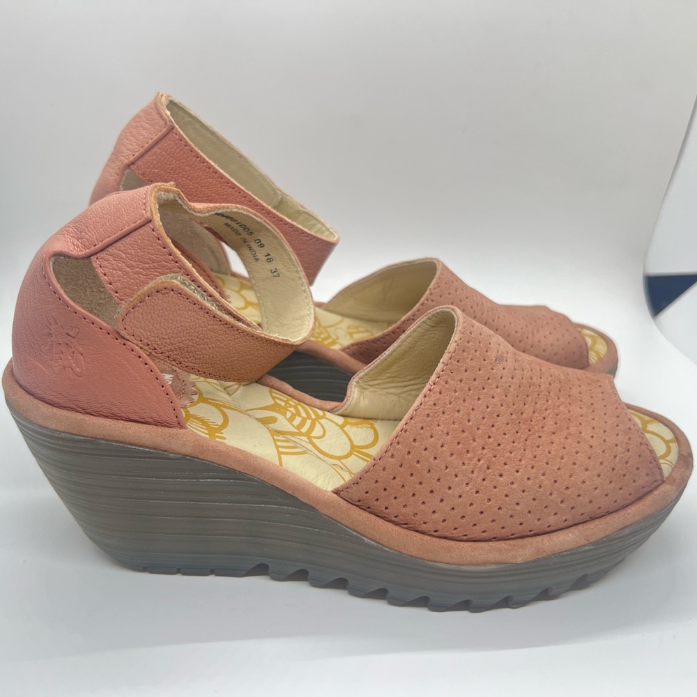 Fly London Yall Wedge Sandals EU 37 US 6.5 7 Peach Perforated Leather Comfort